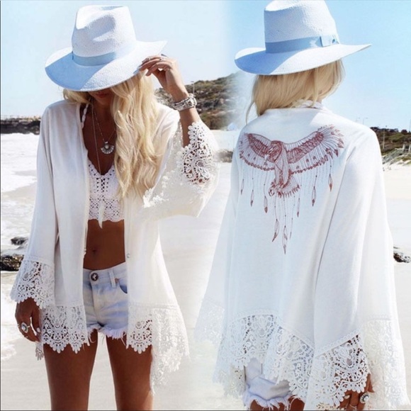 Lena Vie Tops - Dreamer Boho Crochet Detail Kimono + Cover Up